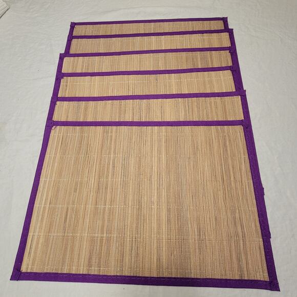 MCM Vintage Bamboo Placemats Purple Edge Eco Friendly Asian Kitchen Set of Six - Picture 2 of 7
